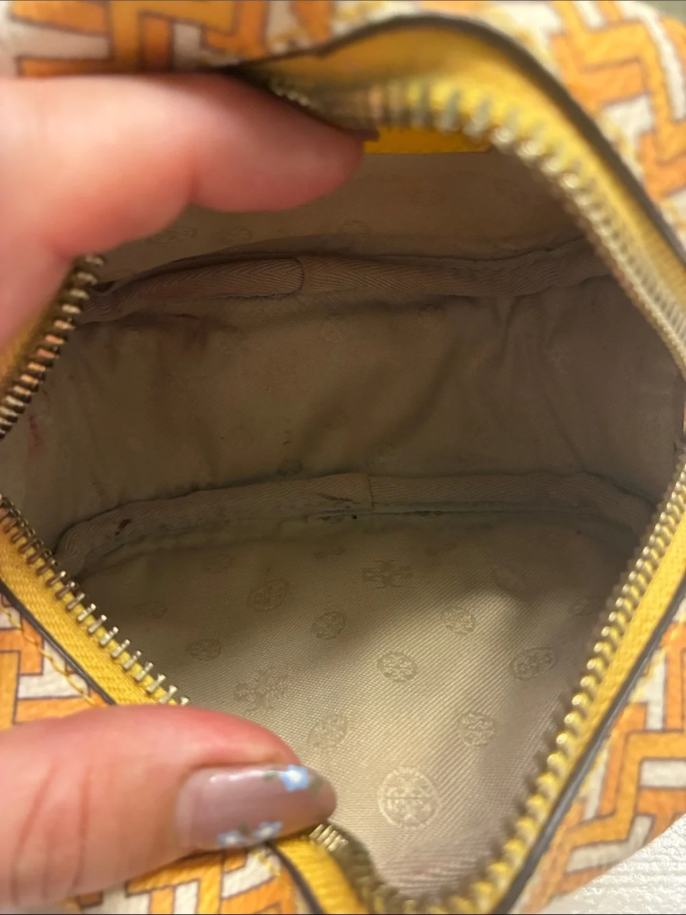 Tory Burch Yellow Patterned makeup Bag with Gold Accent